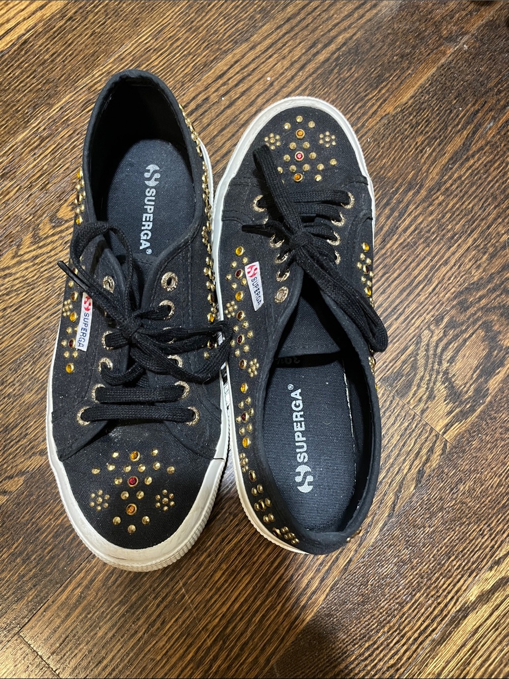 Superga Black Canvas Studded Sneakers with Gold and Red Accents